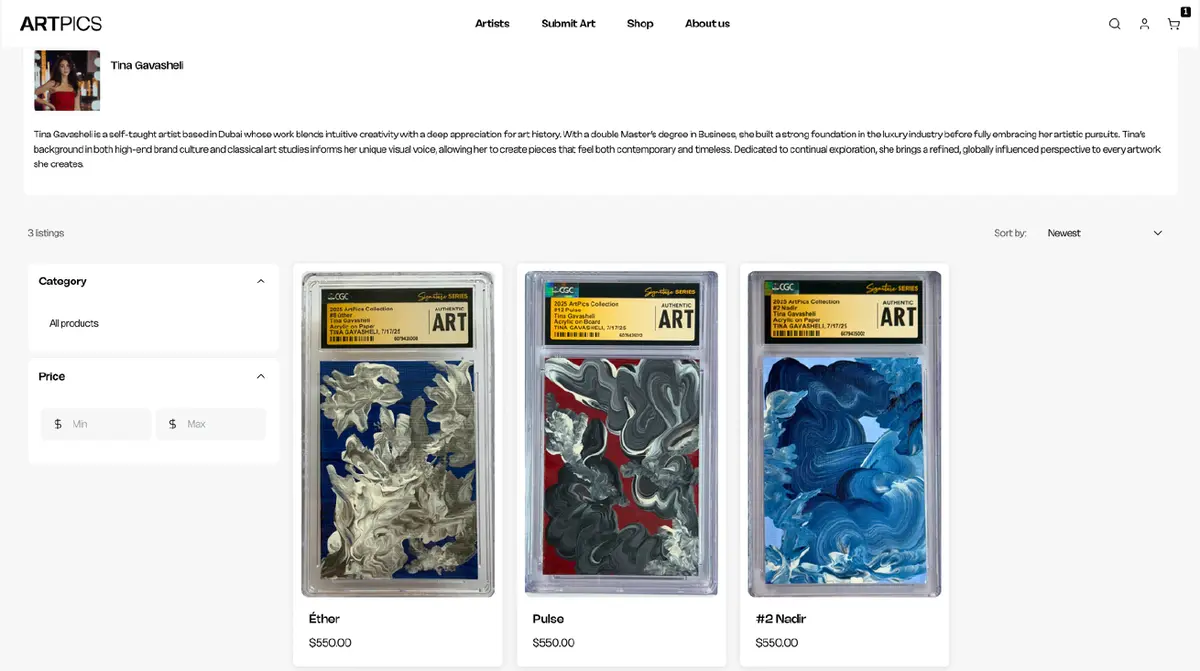 Artpics artist profile page design with a biography and the artist’s listed art cards
