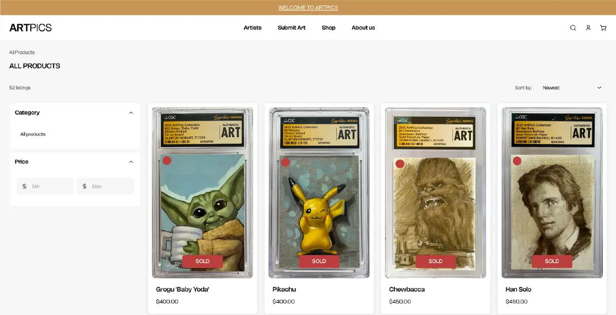 Artpics all-products page design with category and price filters and a grid of art cards
