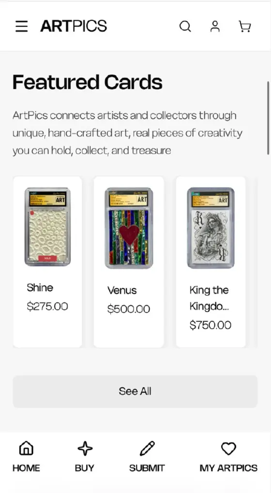 Artpics mobile design of featured cards with prices and a See All button