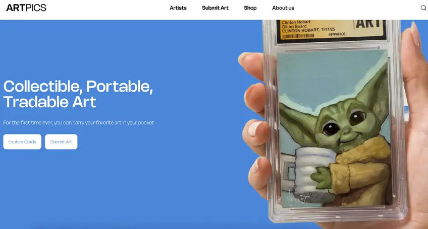 Artpics homepage design: a hand holding a framed collectible art card beside the headline Collectible, Portable, Tradable Art