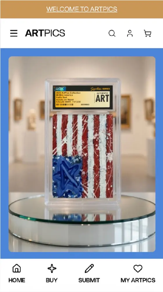 Artpics mobile homepage design showing a framed art card