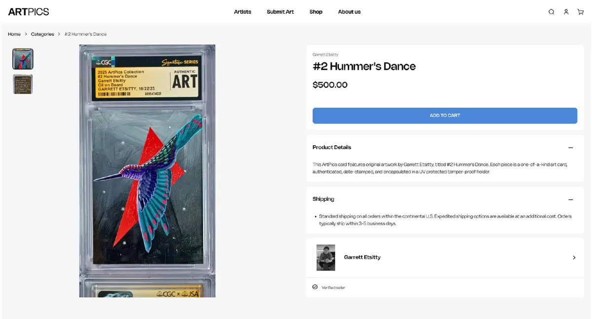 Artpics product page design with an artwork card, price, add to cart button, product details and shipping information