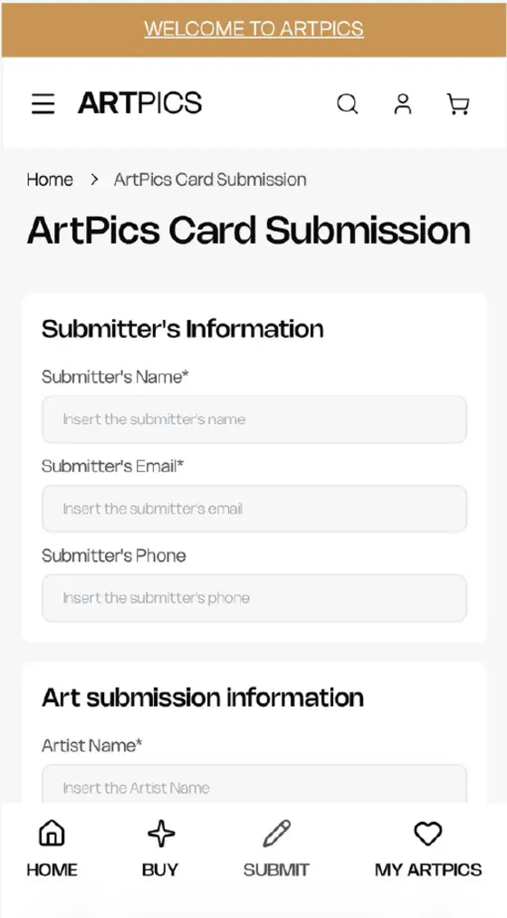 Artpics mobile card submission form design with submitter and art information fields