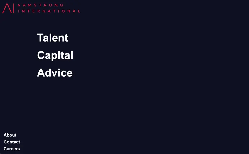 Armstrong International homepage with the Talent, Capital and Advice sections and About, Contact and Careers links