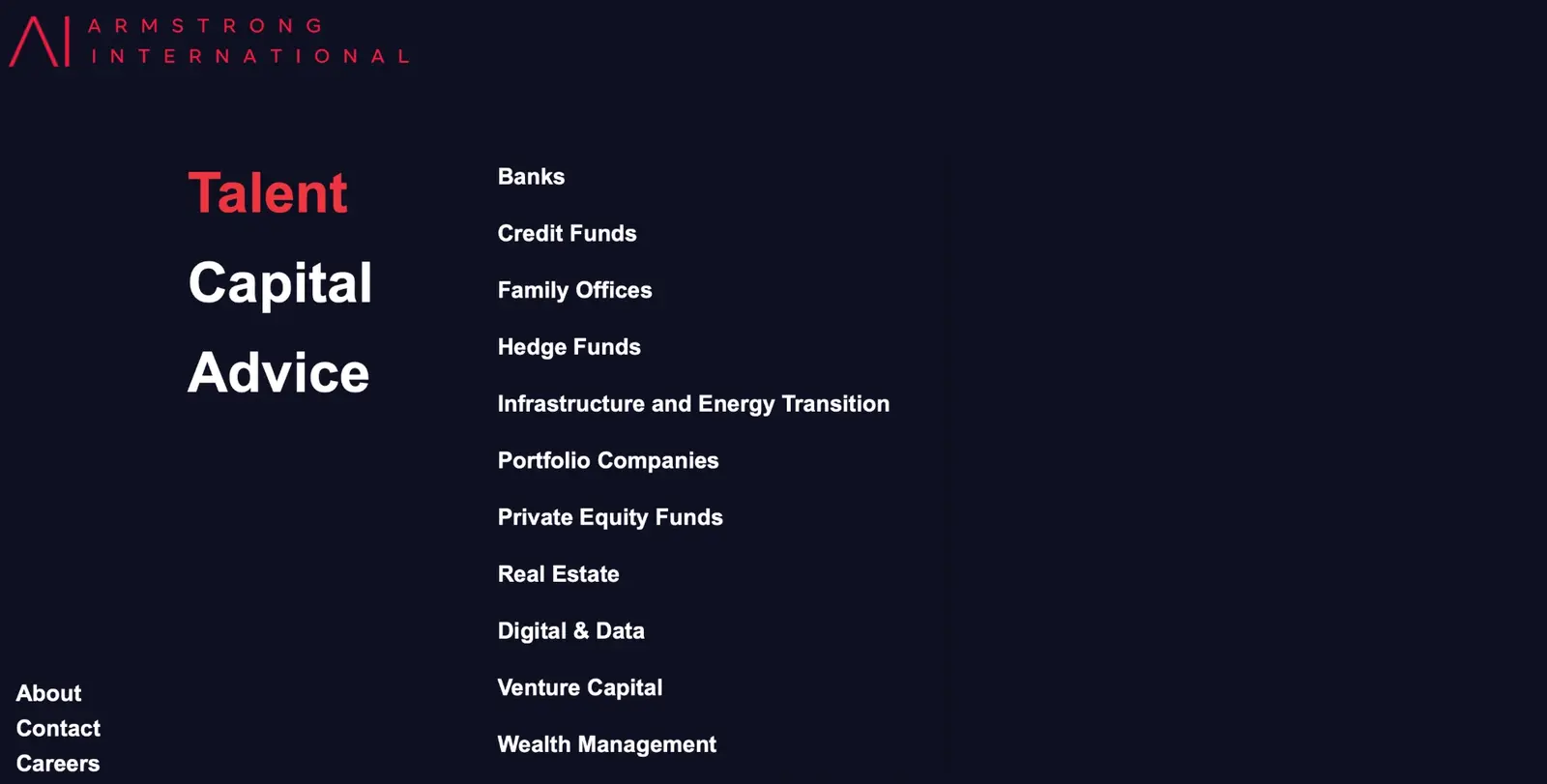 Armstrong International Talent page listing sectors including banks, credit funds, family offices, hedge funds, private equity funds, real estate, digital and data, venture capital and wealth management