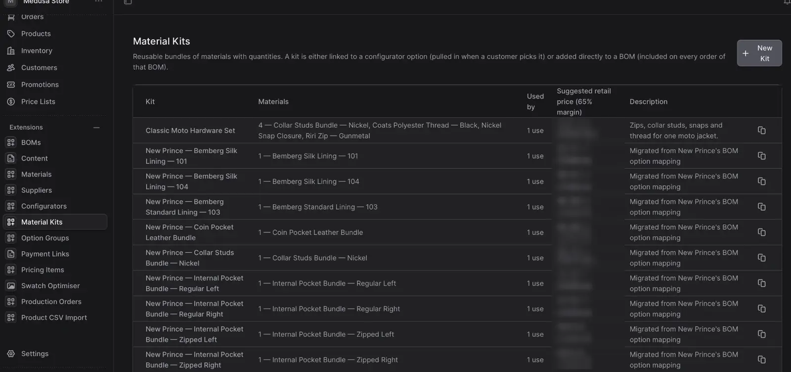 By The Namesake admin Material Kits screen listing reusable bundles of materials linked to configurator options or bills of materials; prices are blurred
