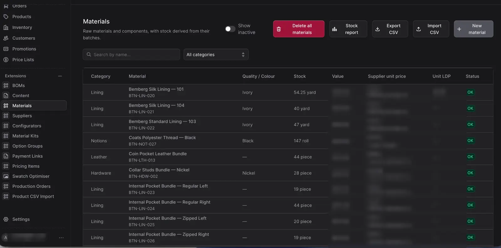 By The Namesake admin Materials screen listing linings, thread, leather and hardware with categories, stock levels and status; prices and supplier details are blurred