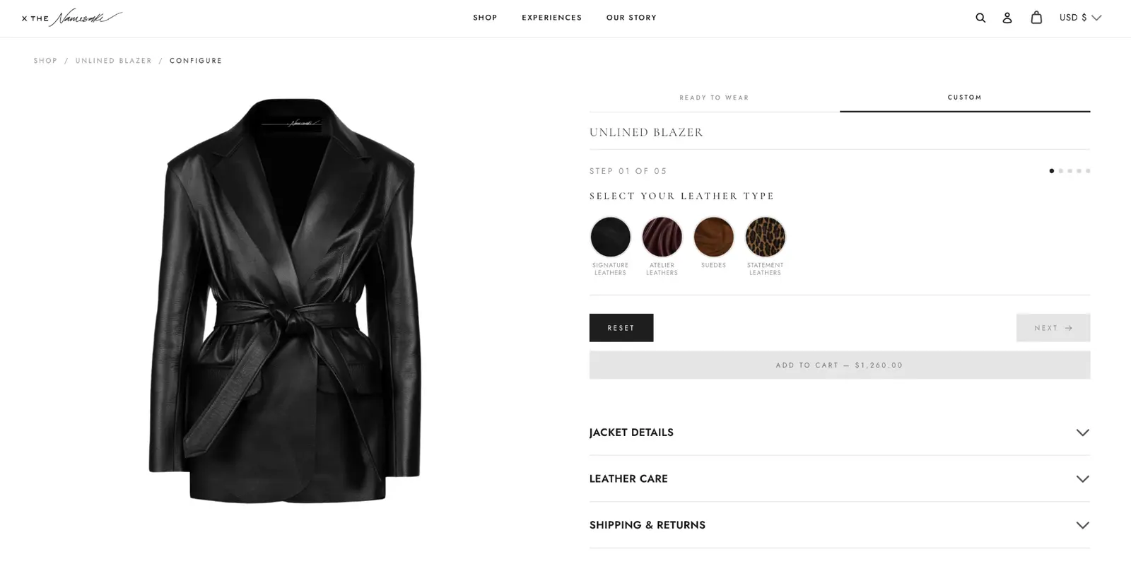 By The Namesake jacket configurator at step 1 of 5, choosing a leather type for an unlined blazer
