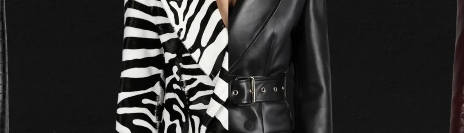 Leather jackets from By The Namesake: a black belted leather blazer between zebra-print and burgundy fur-collar jackets