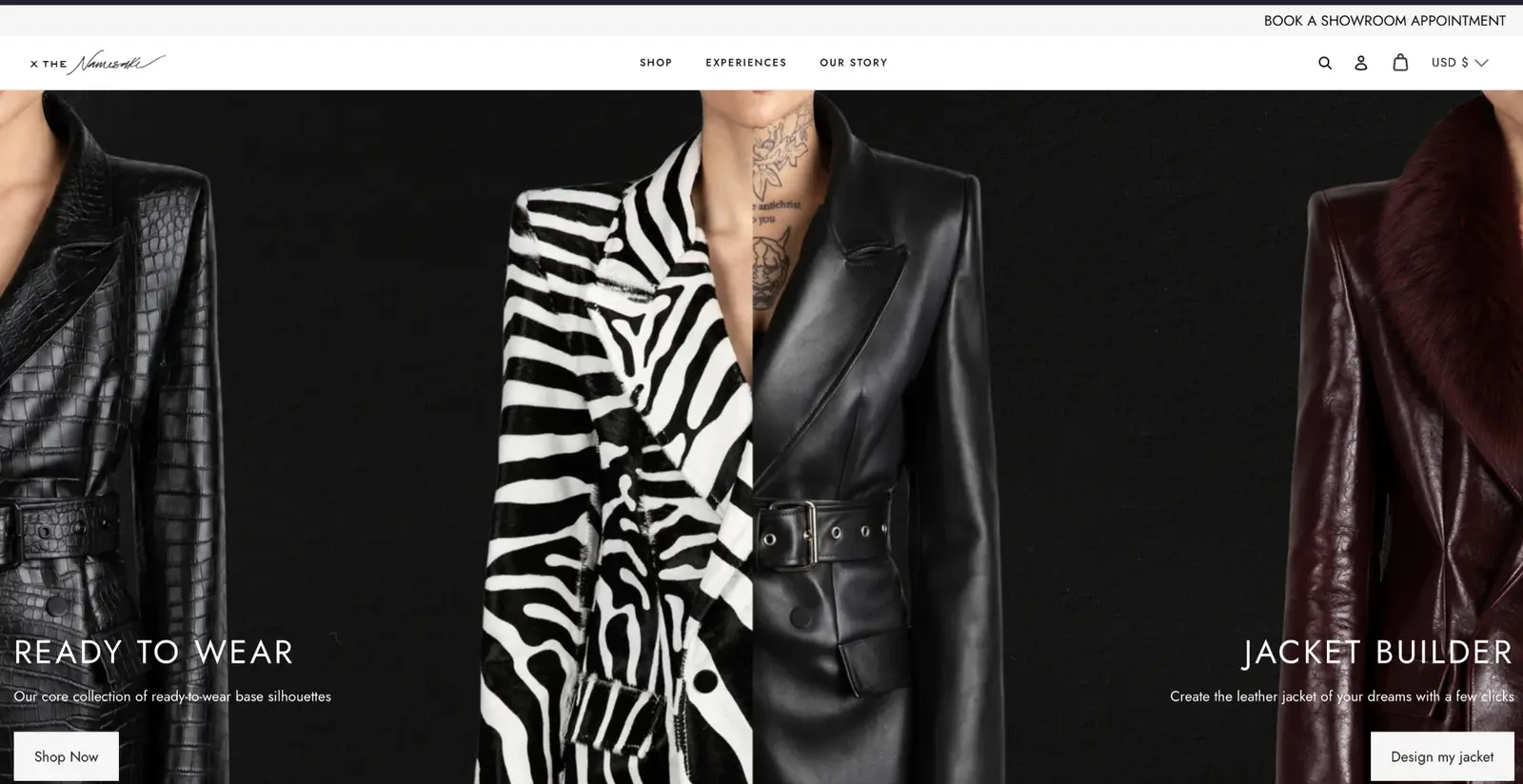 By The Namesake storefront homepage with Ready to wear and Jacket builder sections