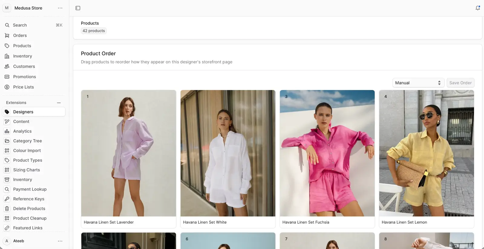Medusa admin visual merchandising tool on the Designers page, showing a product order with Havana Linen Set products in a drag-to-reorder grid