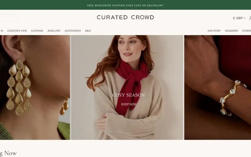 Curated Crowd storefront homepage with the Curated Crowd wordmark and collection tiles showing gold earrings, a knit scarf and a bracelet