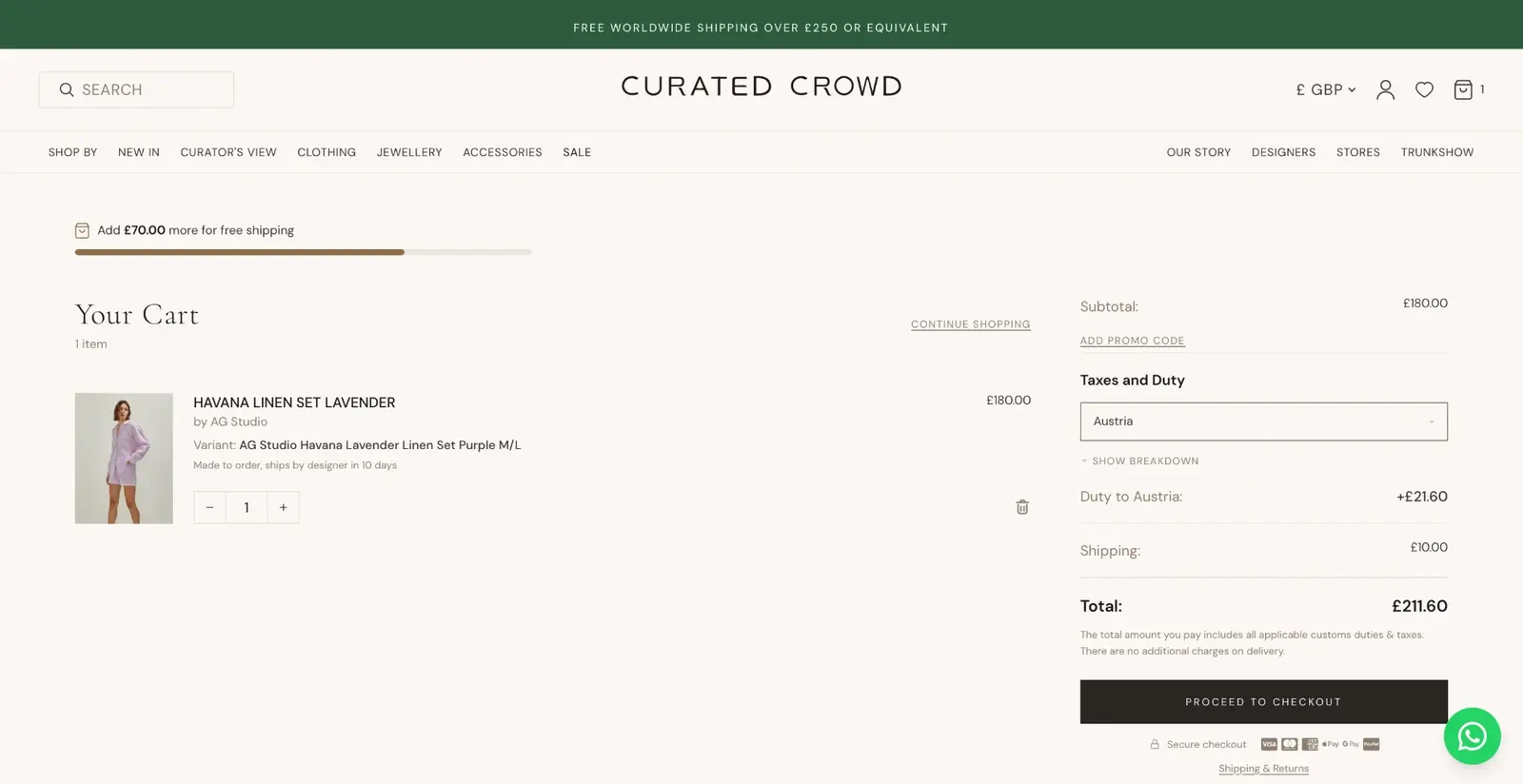 Curated Crowd cart with duty calculated for Austria, a shipping line and a total that includes duties and taxes; the item is made to order and ships from the designer
