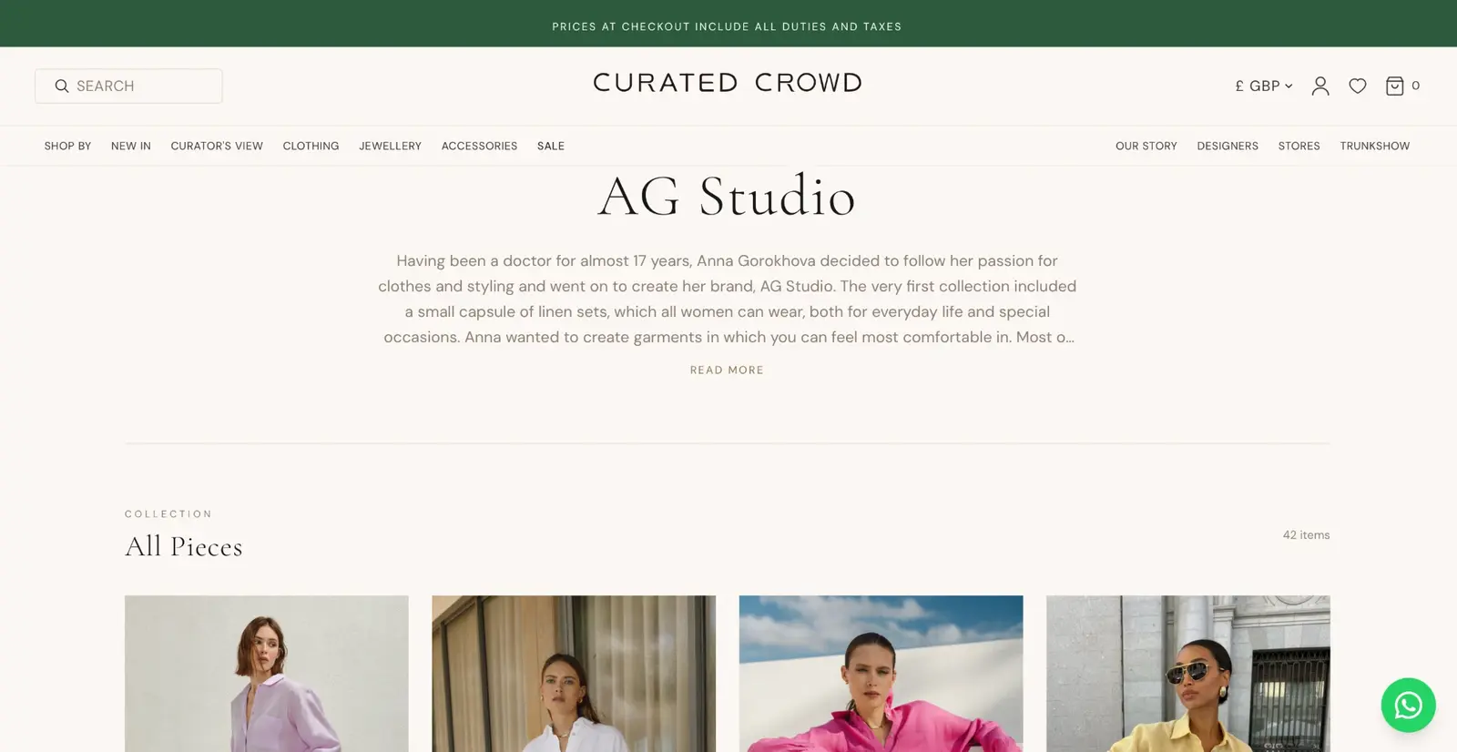 Curated Crowd designer page for AG Studio with the designer’s story and an All Pieces collection of 42 items