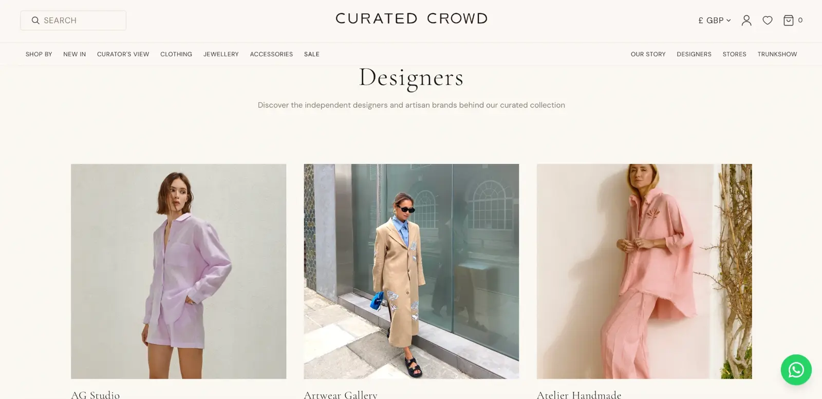 Curated Crowd designers page introducing the independent designers and artisan brands, with AG Studio, Artwear Gallery and Atelier Handmade