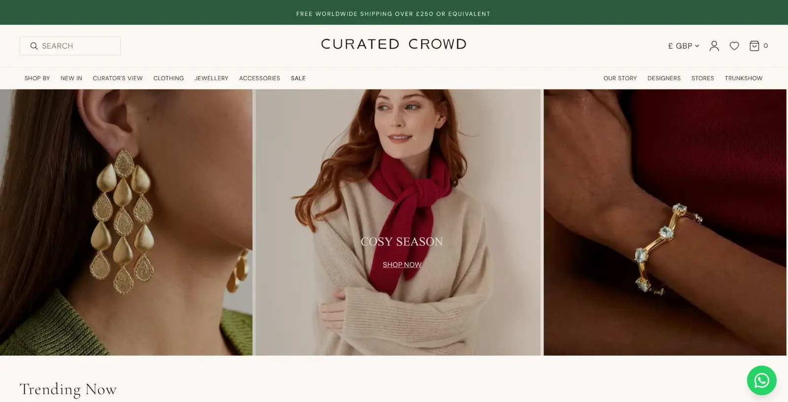 Curated Crowd storefront homepage with the Curated Crowd wordmark and collection tiles showing gold earrings, a knit scarf and a bracelet