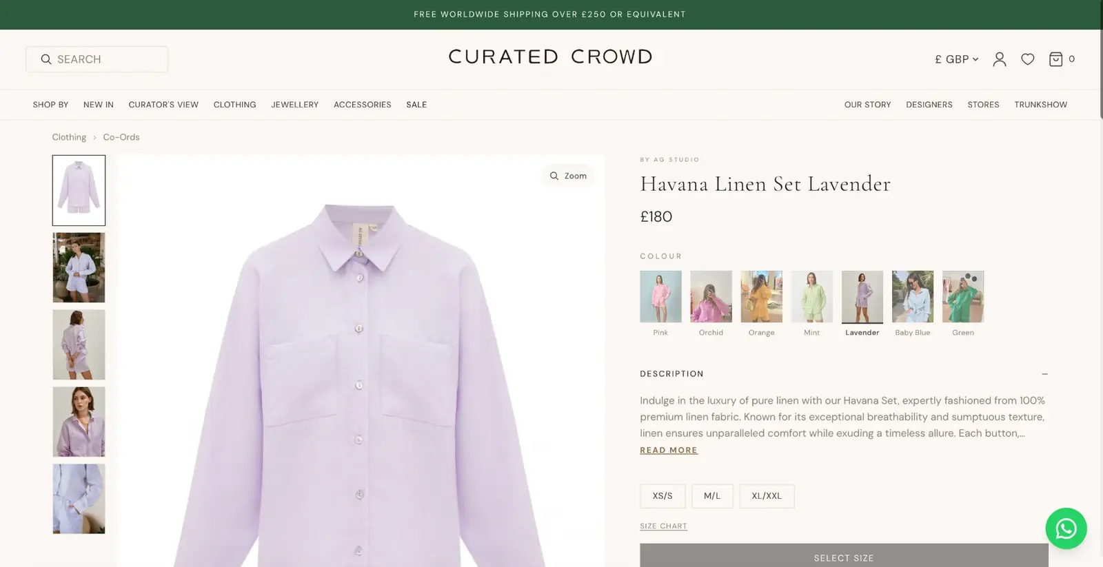 Curated Crowd product page for the Havana Linen Set in Lavender by AG Studio, with colour and size options and a description