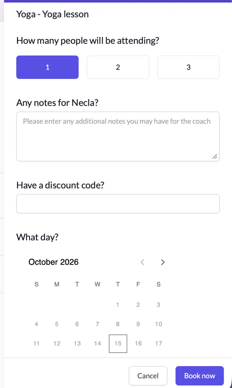 SportSession booking panel for a yoga lesson with number of attendees, notes, discount code and a calendar
