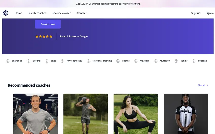 SportSession homepage showing a coach search banner, sport categories and recommended coaches