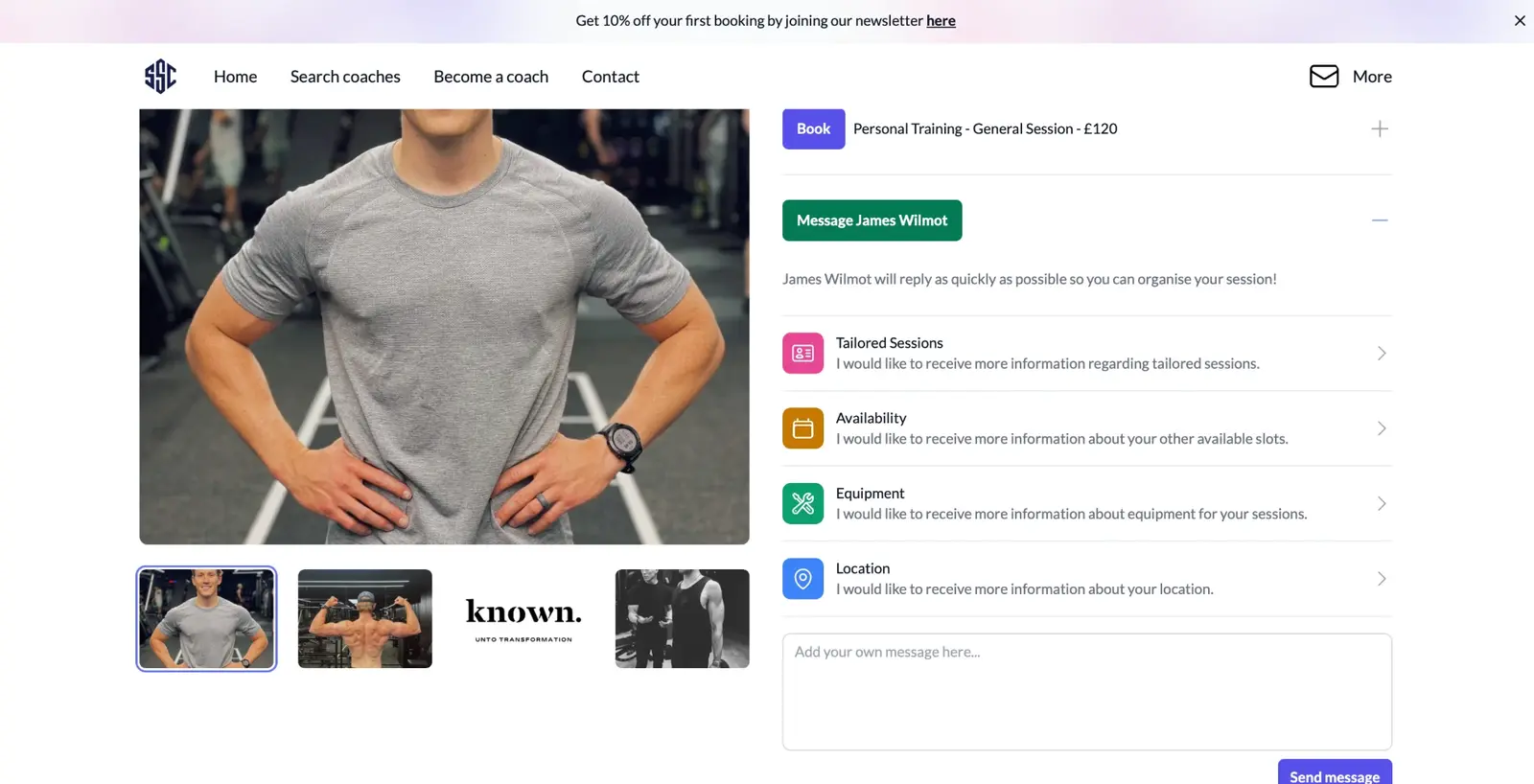 SportSession coach profile with a message panel offering quick topics (tailored sessions, availability, equipment, location) and a box for a custom message