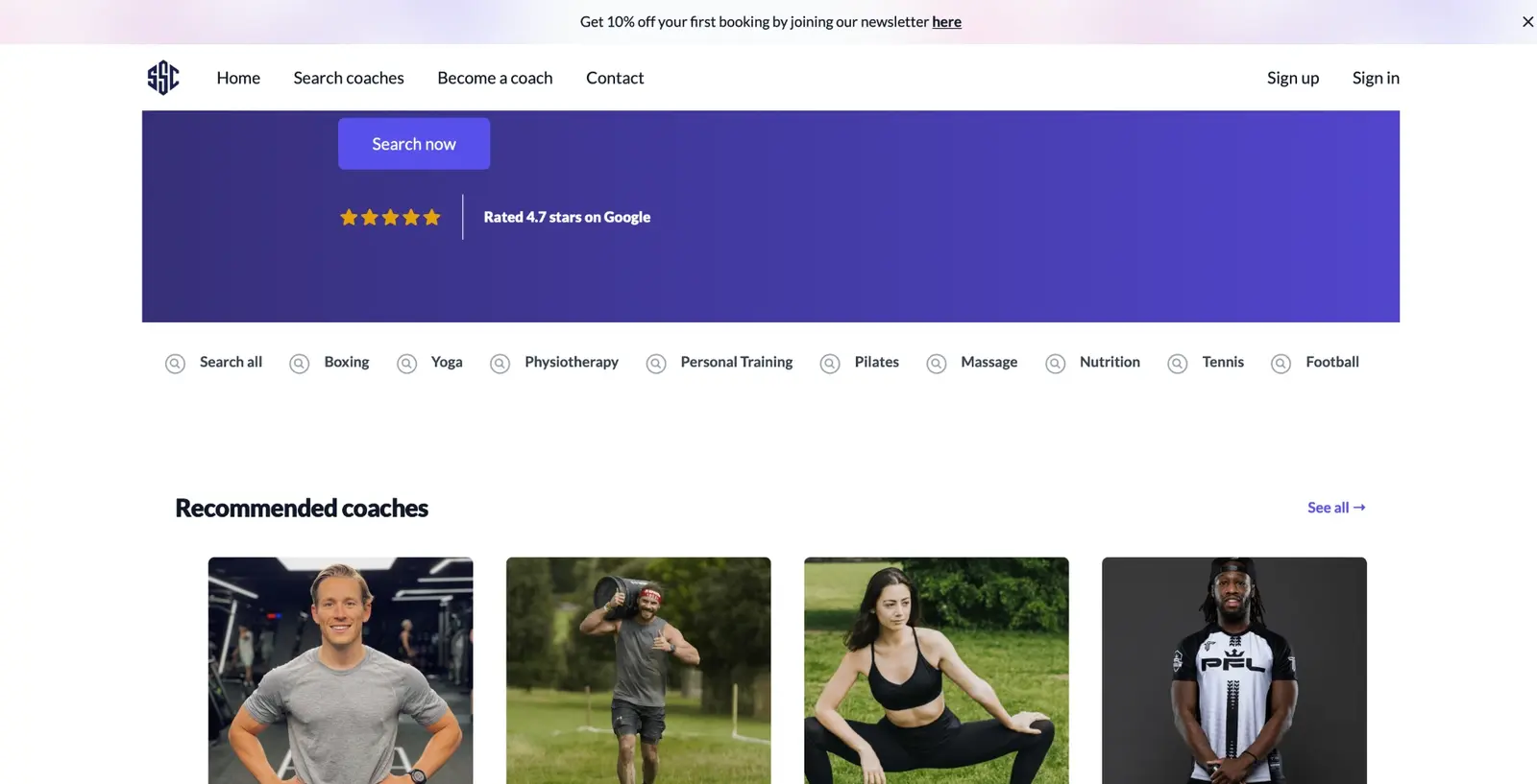 SportSession homepage with a search banner, sport categories and recommended coaches