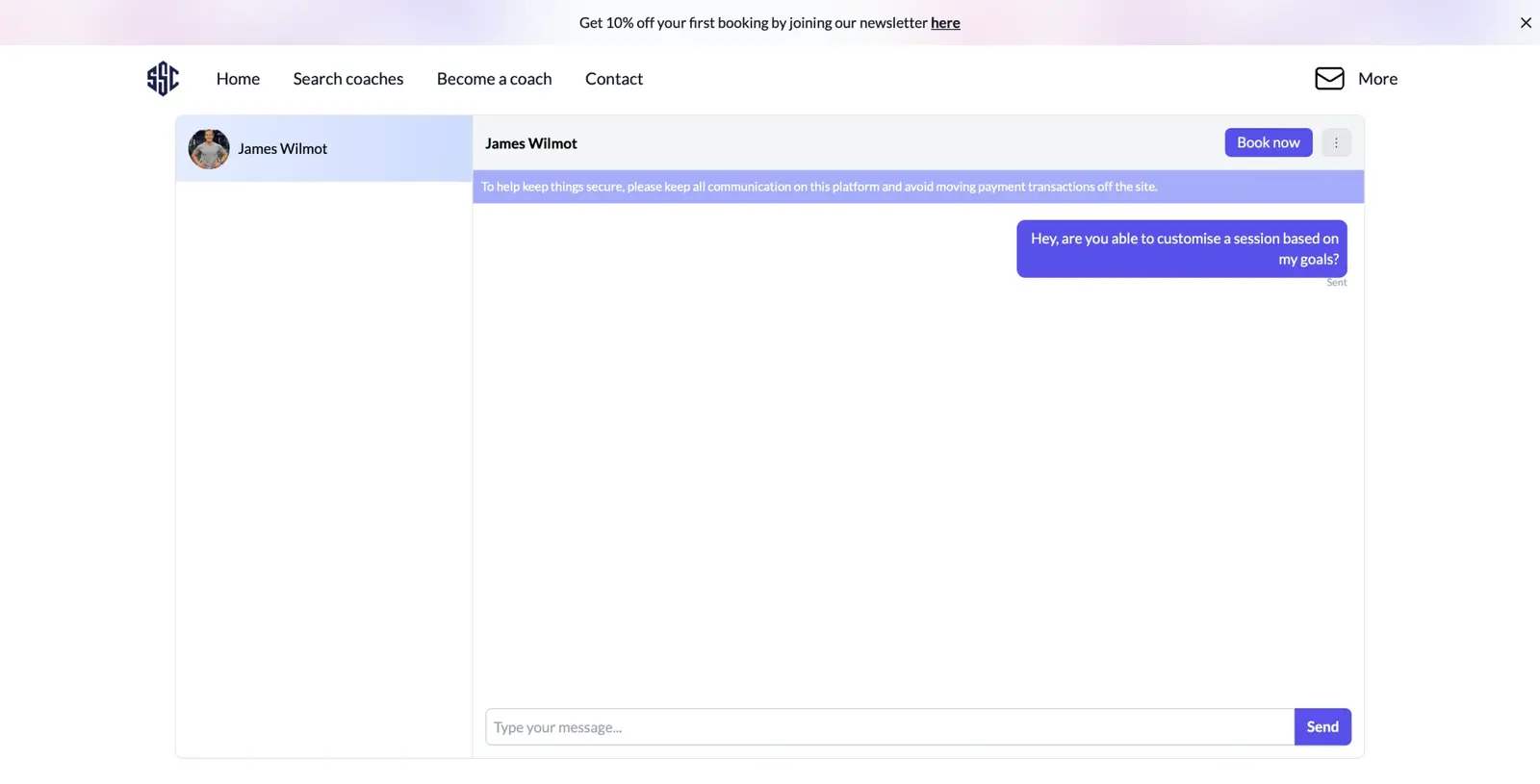 SportSession messaging screen with a conversation list, a message to a coach and a Book now button