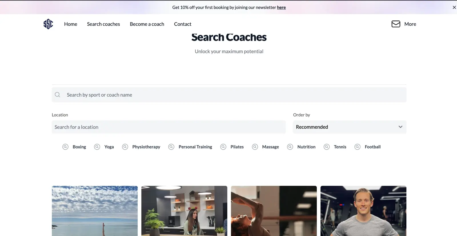 SportSession search coaches page with search by sport or coach name, location search and sport filters