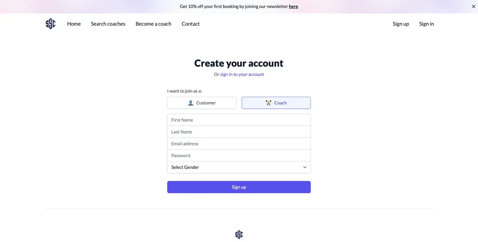 SportSession create account page where people can join as a customer or a coach