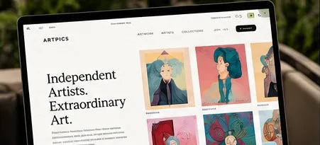 Artpics art marketplace homepage on a laptop (placeholder image)